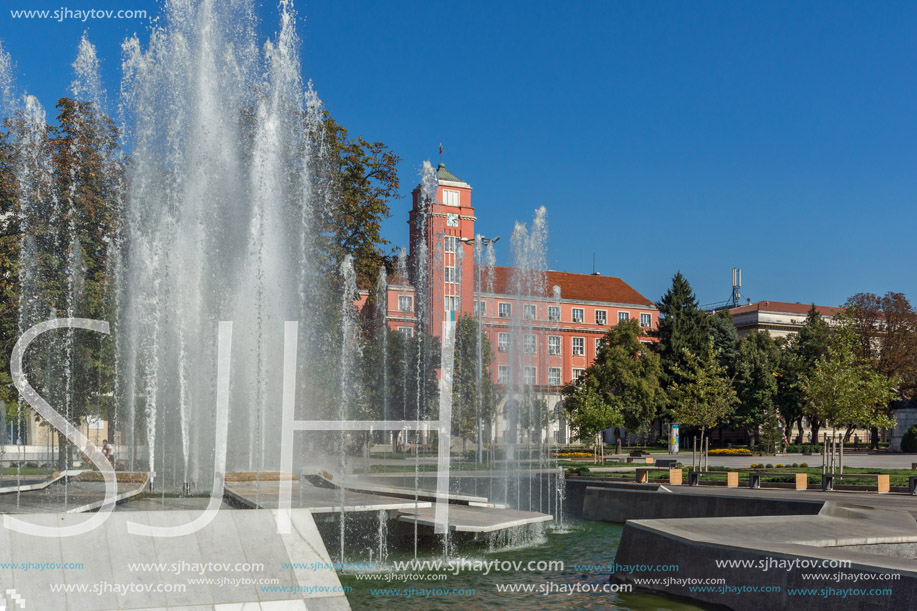 Town Hall and Fountain in the center of City of Pleven, Bulgaria
