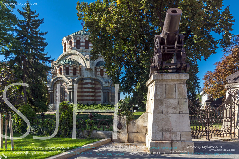 Cannon from the Russo-Turkish War of 1877-1878 and St. George the Conqueror Chapel Mausoleum, City of Pleven, Bulgaria