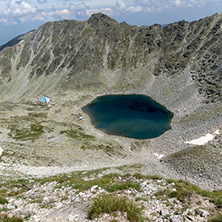 Panoramic view to Ledenoto Ice Lake from Musala Peak, Rila mountain, Bulgaria