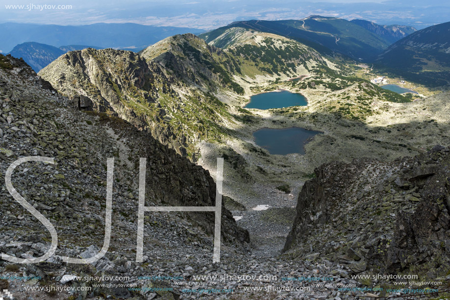 Amazing Panorama to Musalenski lakes from Musala Peak, Rila mountain, Bulgaria