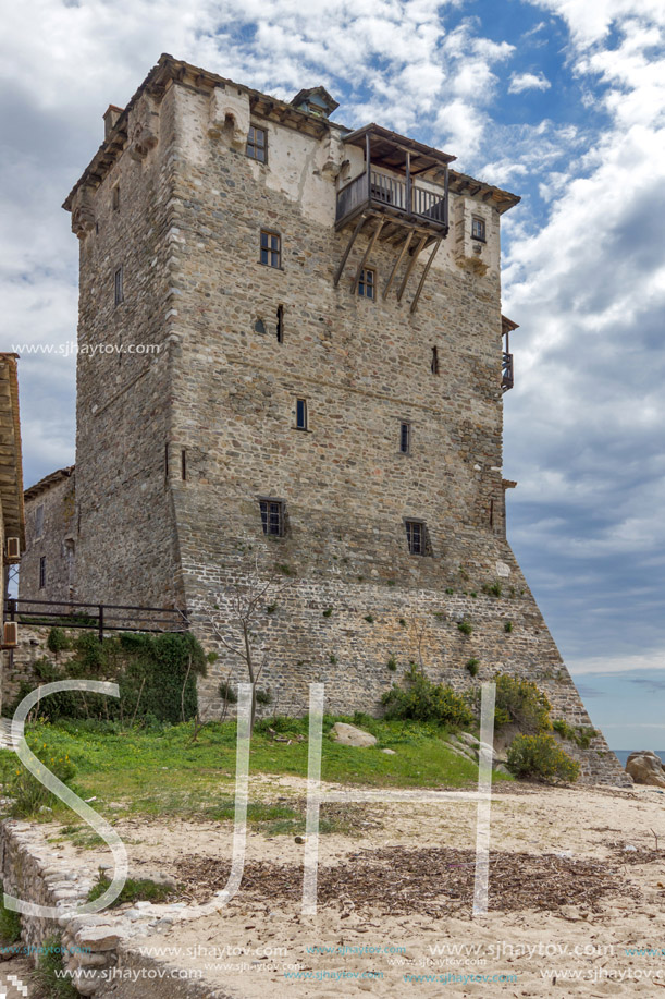 Medieval tower in  Ouranopoli, Athos, Chalkidiki, Central Macedonia, Greece