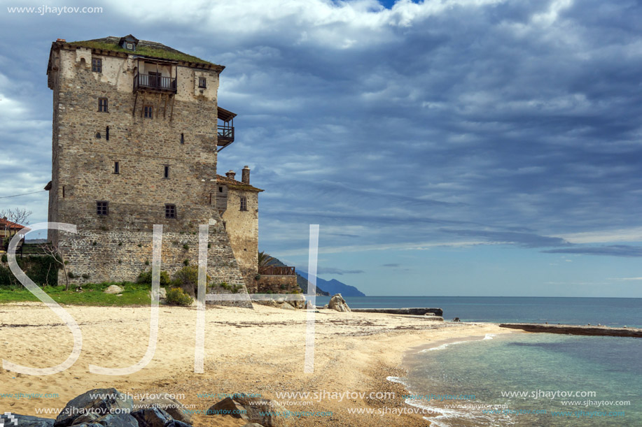 Seascape with Medieval tower in  Ouranopoli, Athos, Chalkidiki, Central Macedonia, Greece