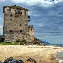 Seascape with Medieval tower in  Ouranopoli, Athos, Chalkidiki, Central Macedonia, Greece