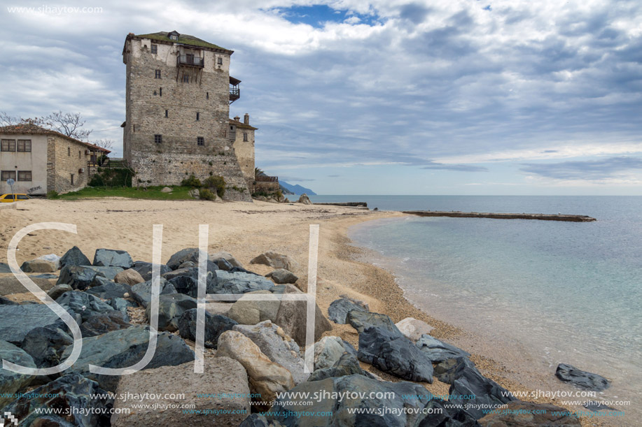 Stones Medieval tower in  Ouranopoli, Athos, Chalkidiki, Central Macedonia, Greece