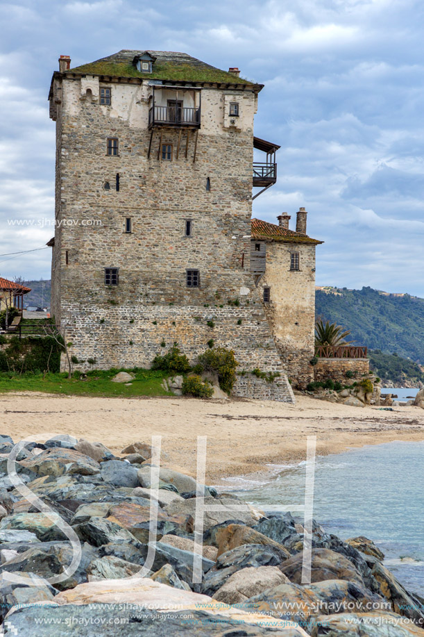 Seascape with Stones Medieval tower in  Ouranopoli, Athos, Chalkidiki, Central Macedonia, Greece