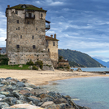 Amazing Seascape with Medieval tower in  Ouranopoli, Athos, Chalkidiki, Central Macedonia, Greece