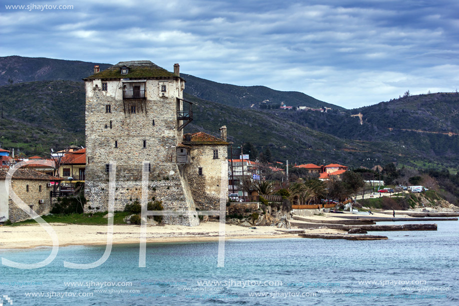 Panorama of Ouranopoli and Medieval tower, Athos, Chalkidiki, Central Macedonia, Greece