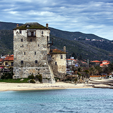 Panorama of Ouranopoli and Medieval tower, Athos, Chalkidiki, Central Macedonia, Greece