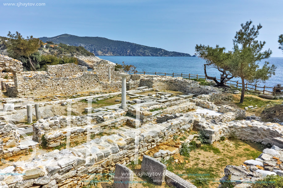 Columns in Ruins of ancient church in Archaeological site of Aliki, Thassos island,  East Macedonia and Thrace, Greece