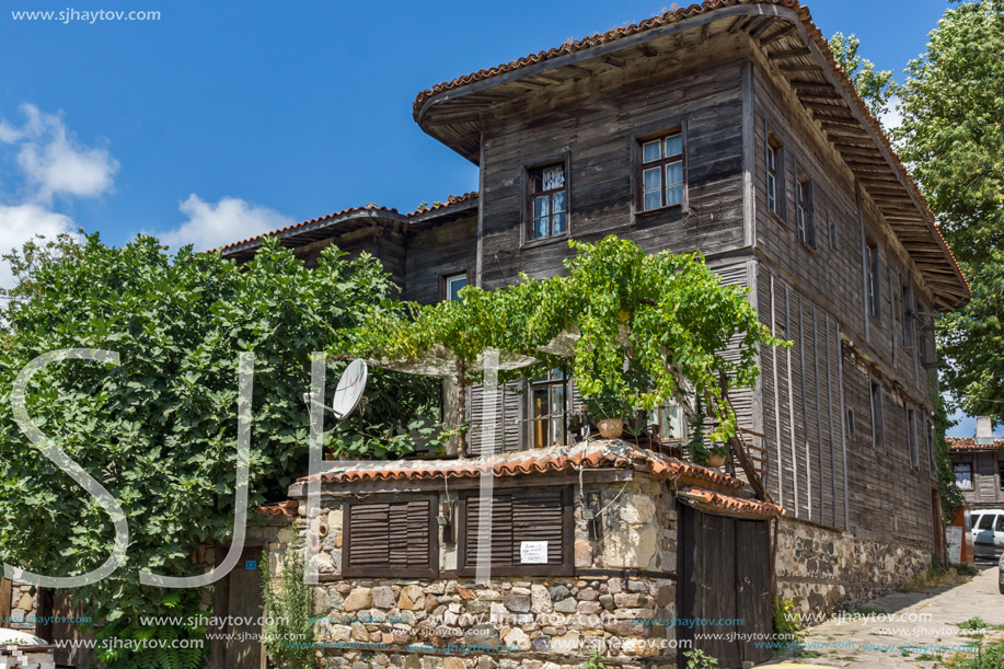 Amazing view of wooden Old house with vine front in Sozopol Town, Burgas Region, Bulgaria