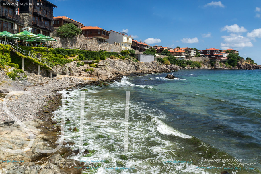 Ancient fortifications, small beach and old houses in Sozopol, Burgas Region, Bulgaria