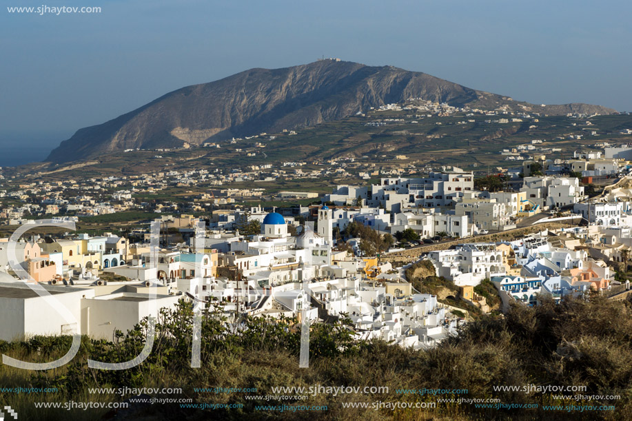 Amazing Landscape to town of Fira and Prophet Elias peak, Santorini island, Thira, Cyclades, Greece