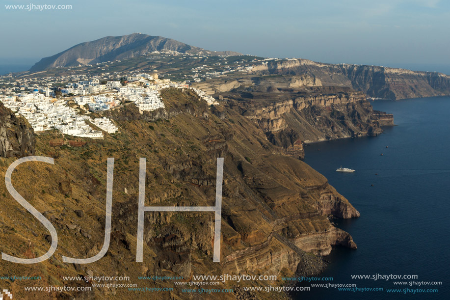 Amazing view to town of Fira and Prophet Elias peak, Santorini island, Thira, Cyclades, Greece