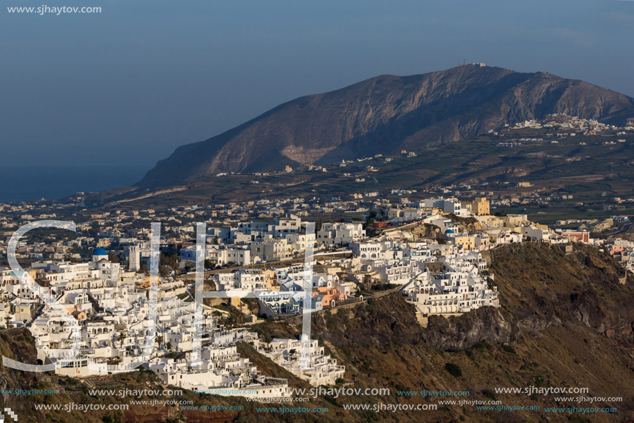 Panorama to town of Fira and Prophet Elias peak, Santorini island, Thira, Cyclades, Greece
