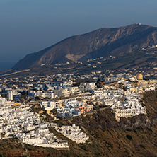 Panorama to town of Fira and Prophet Elias peak, Santorini island, Thira, Cyclades, Greece