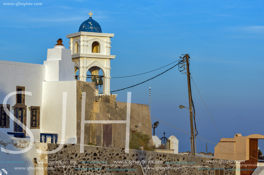 bell tower of orthodox church in town of Firostefani, Santorini island, Thira, Cyclades, Greece