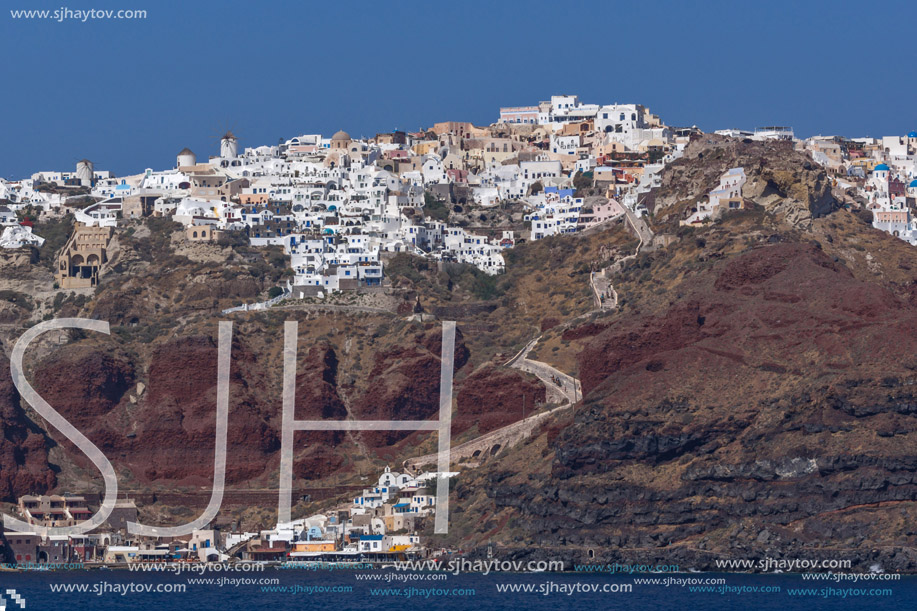 Amazing landscape to Oia town from the sea, Santorini island, Cyclades, Greece