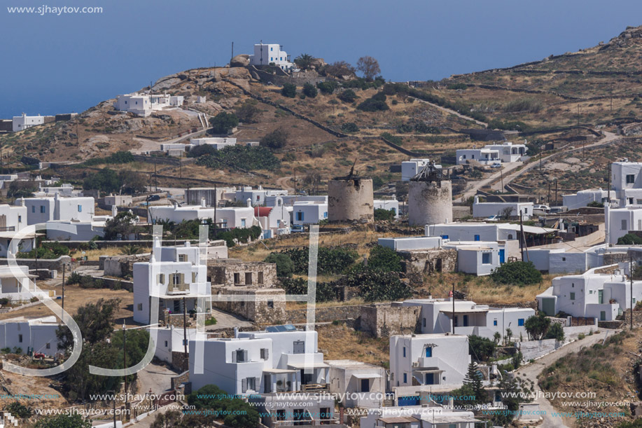 Panoramic view of Town of Ano Mera, island of Mykonos, Cyclades, Greece