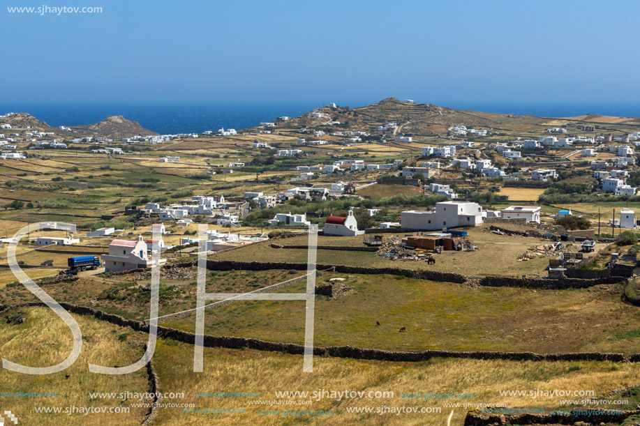 Panorama of Town of Ano Mera, island of Mykonos, Cyclades, Greece