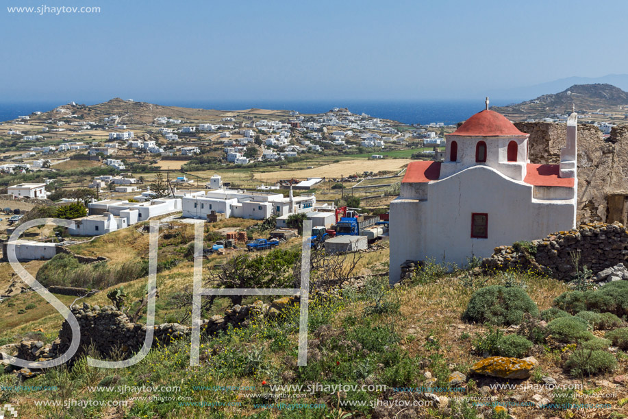 The ruins of a medieval fortress and White church, Mykonos island, Cyclades, Greece