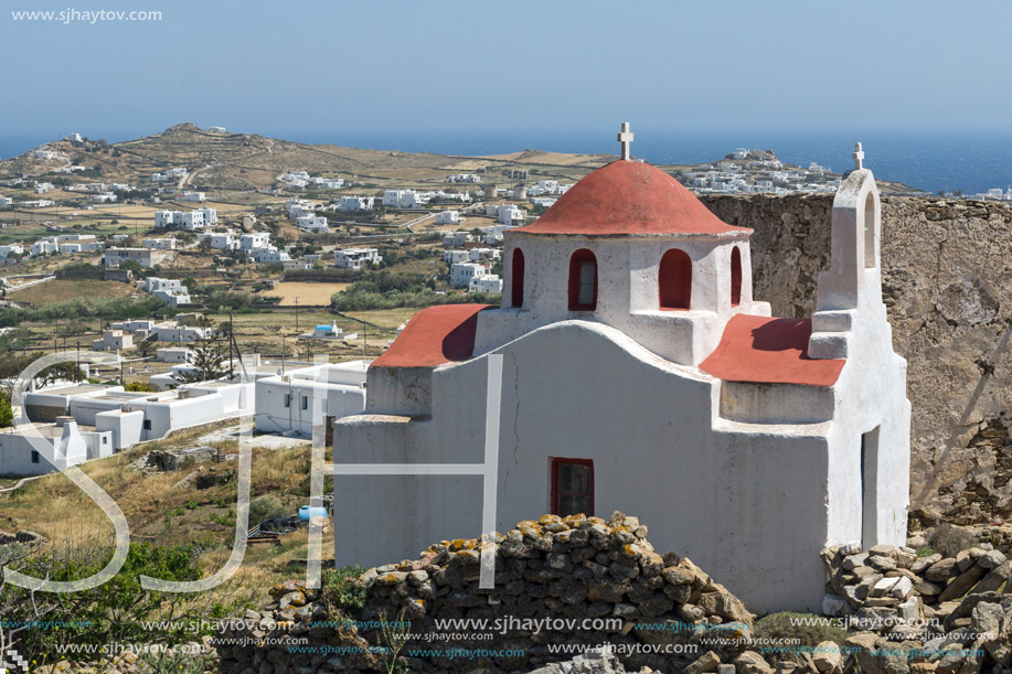 Landscape with medieval fortress and White church, Mykonos island, Cyclades, Greece