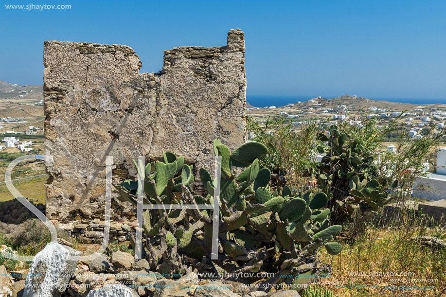 Landscape with medieval fortress on Mykonos island, Cyclades, Greece