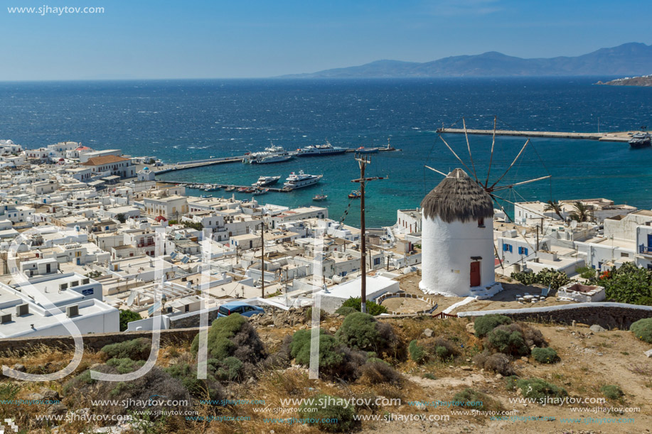 Panoramic view of Aegean sea and island of Mykonos, Cyclades, Greece