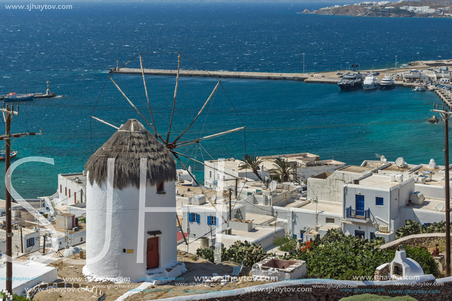 Panoramic view of white windmill and island of Mykonos, Cyclades, Greece