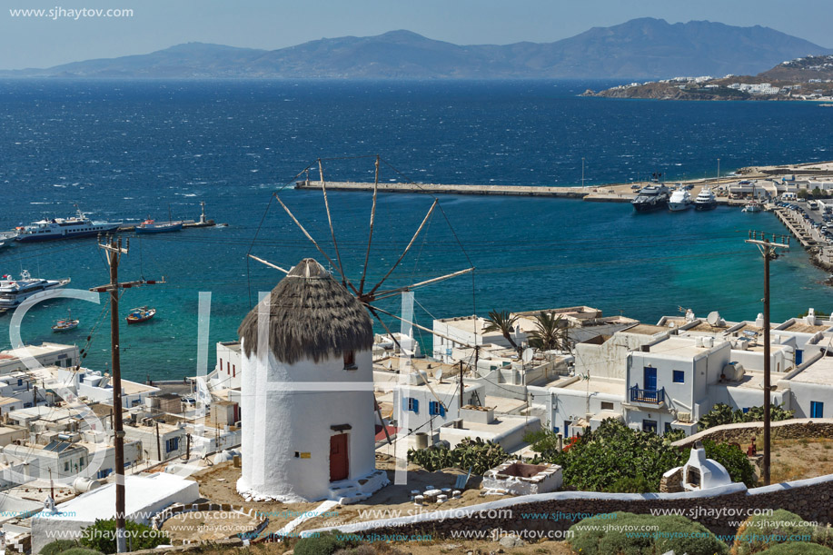 Amazing Panorama of white windmill and island of Mykonos, Cyclades, Greece