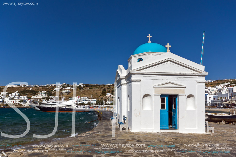 Small orthodox church on the port of town of Mykonos, Cyclades, Greece