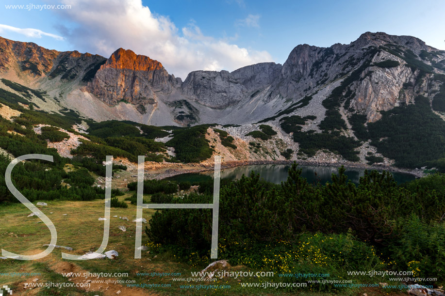 Amazing sunset of Sinanitsa peak and  the lake, Pirin Mountain, Bulgaria