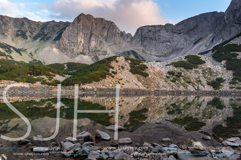 Sunset panorama of Sinanitsa peak and  the lake, Pirin Mountain, Bulgaria