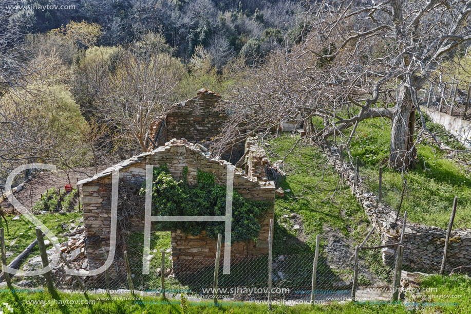 Ruins of stone house in village of Maries, Thassos island, East Macedonia and Thrace, Greece