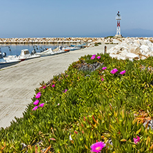 Seascape with Spring flowers and pier in Skala Sotiros, Thassos island, East Macedonia and Thrace, Greece