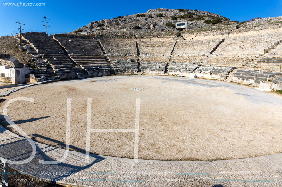 Ruins of Ancient amphitheater in the archeological area of Philippi, Eastern Macedonia and Thrace, Greece