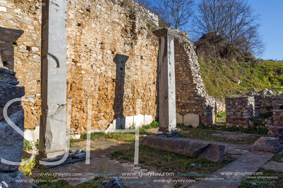 Ruins and column in archeological area of Philippi, Eastern Macedonia and Thrace, Greece