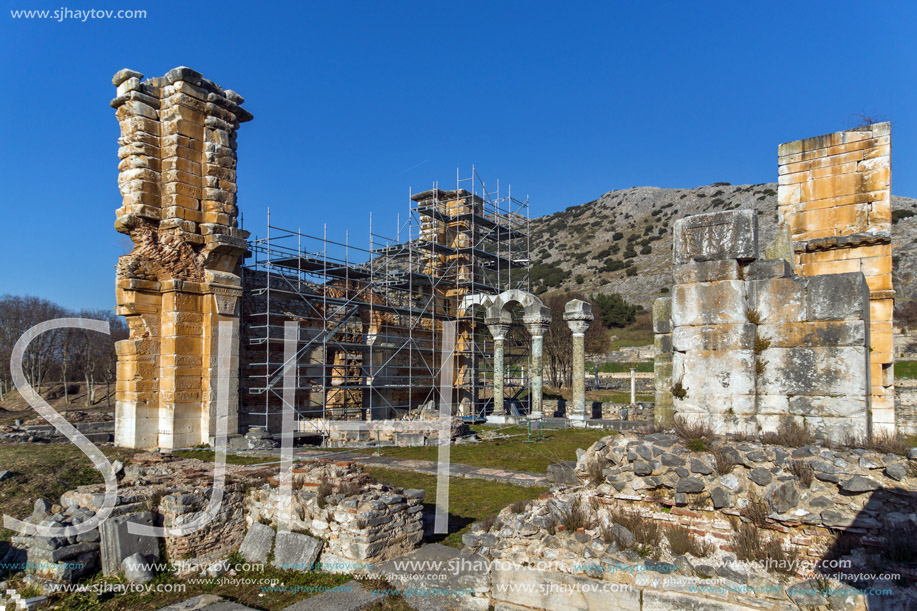 Panorama of Basilica in the archeological area of ancient Philippi, Eastern Macedonia and Thrace, Greece