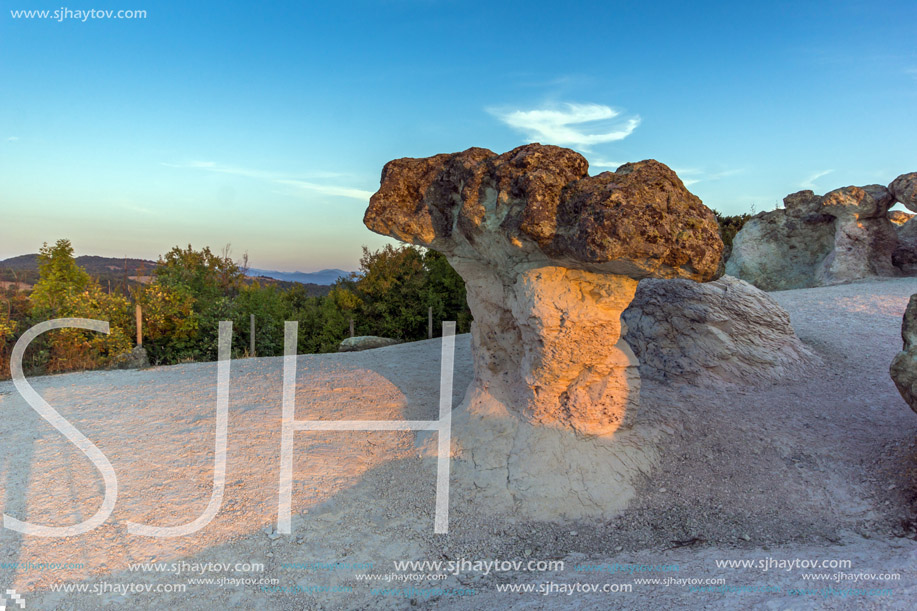 Sunrise at a rock formation The Stone Mushrooms near Beli plast village, Kardzhali Region, Bulgaria