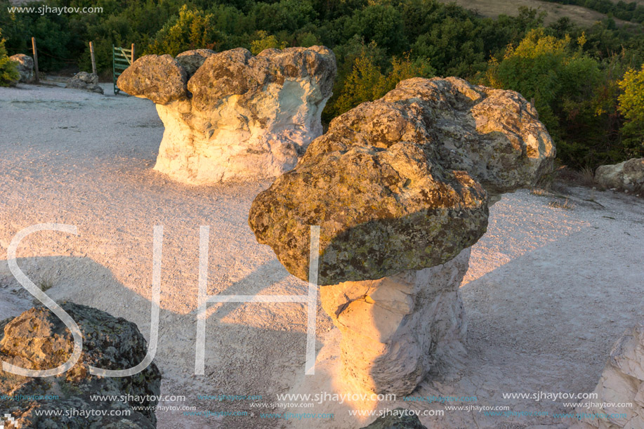 Sunrise view of rock formation The Stone Mushrooms, Kardzhali Region, Bulgaria