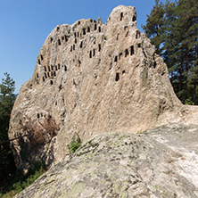 Panoramic view of Thracian Sanctuary Eagle Rocks near town of Ardino, Kardzhali Region, Bulgaria