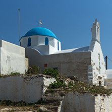 White chuch with blue roof in town of Parakia, Paros island, Cyclades, Greece