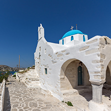 Amazing White chuch and seascape in town of Parakia, Paros island, Cyclades, Greece
