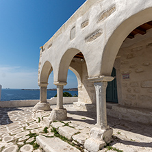 Amazing White chuch and seascape in town of Parakia, Paros island, Cyclades, Greece