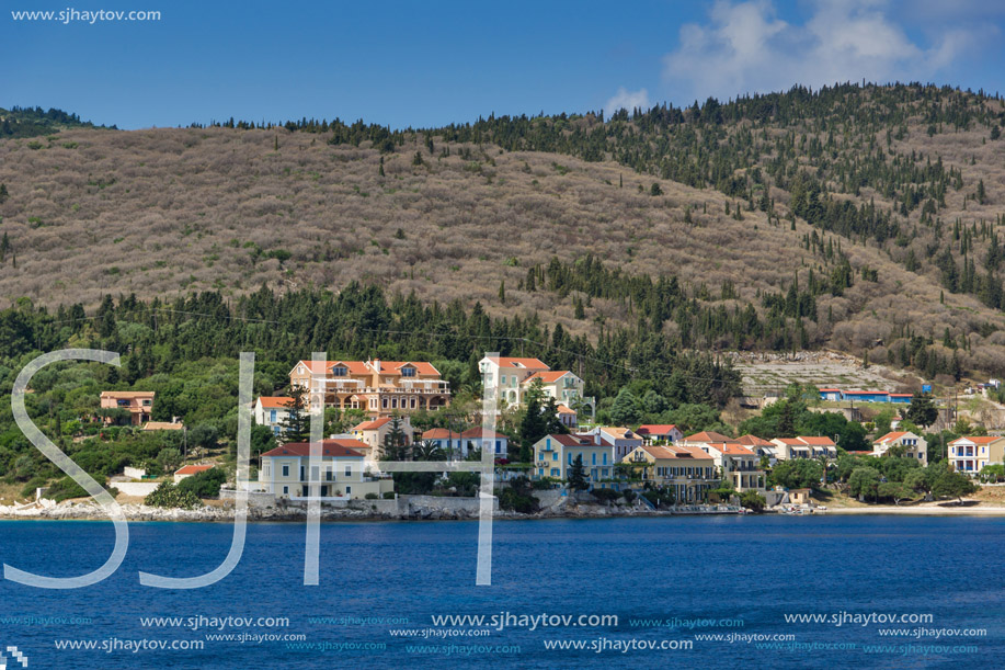 Panorama of Fiskardo village and beautiful sea bay, Kefalonia, Ionian islands, Greece