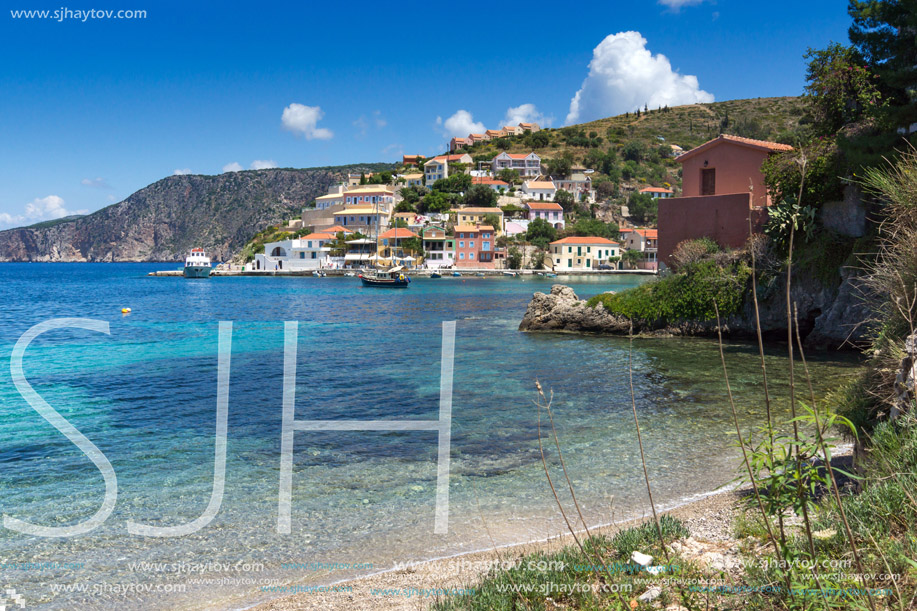 Beach of Assos village and beautiful sea bay, Kefalonia, Ionian islands, Greece