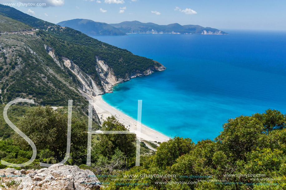 Blue water of beautiful Myrtos beach, Kefalonia, Ionian islands, Greece
