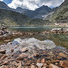 Amazing landscape with Reflection of Irechek and Musala peak in Musalenski lakes,  Rila mountain, Bulgaria