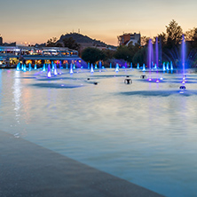 Sunset over Singing Fountains in City of Plovdiv, Bulgaria Tsar Simeon Garden