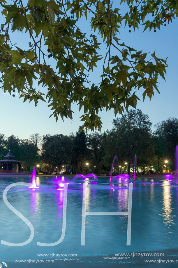 Sunset view Singing Fountains in Tsar Simeon Garden, City of Plovdiv, Bulgaria