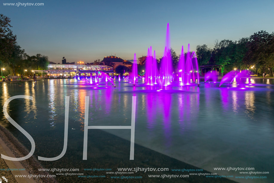 Sunset view of Singing Fountains in Tsar Simeon Garden, City of Plovdiv, Bulgaria